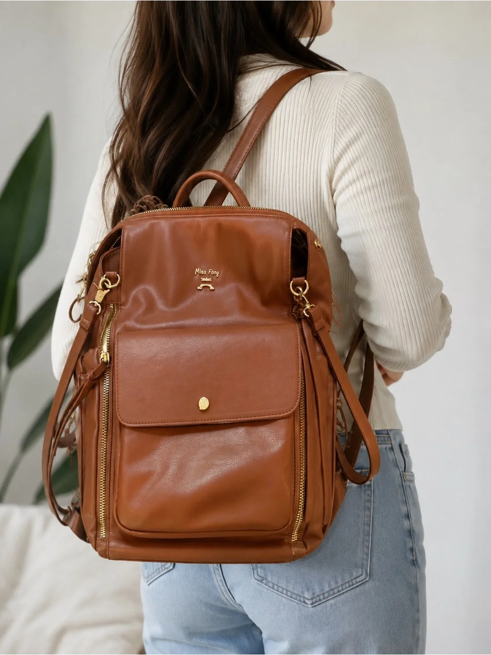 Miss Fong Leather Tote in Warm Cognac
